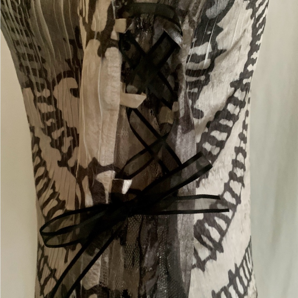 Komarov pleated print top, lace insets, point collar, 3/4 bell sleeve, sz Small - Picture 6 of 8